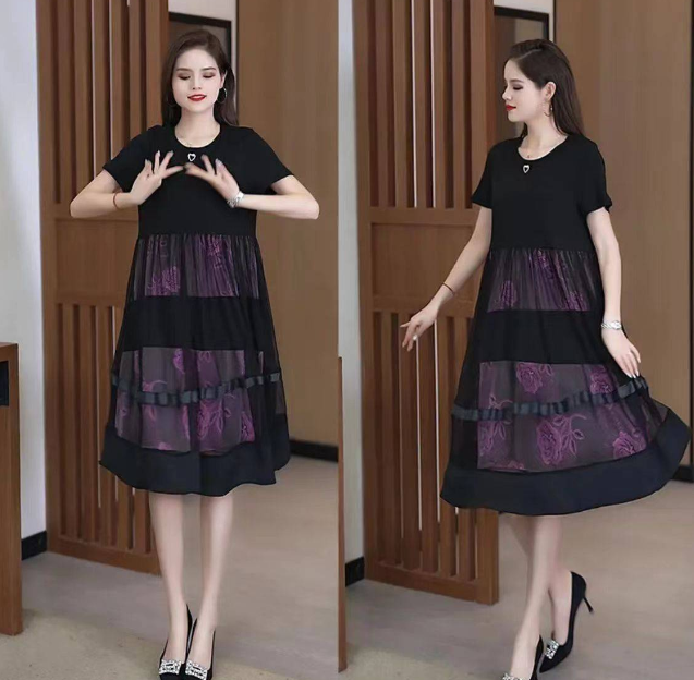 2025夏季新款時尚假兩件寬鬆遮肚網紗連衣裙